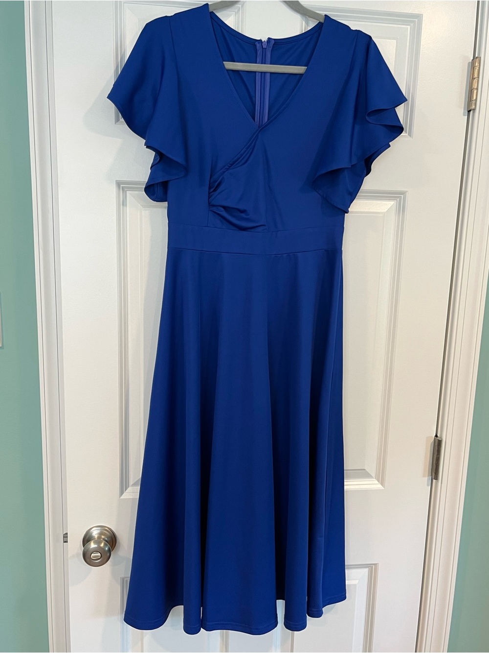 Royal Blue Flutter Sleeve Midi Dress - Elegant V-Neck